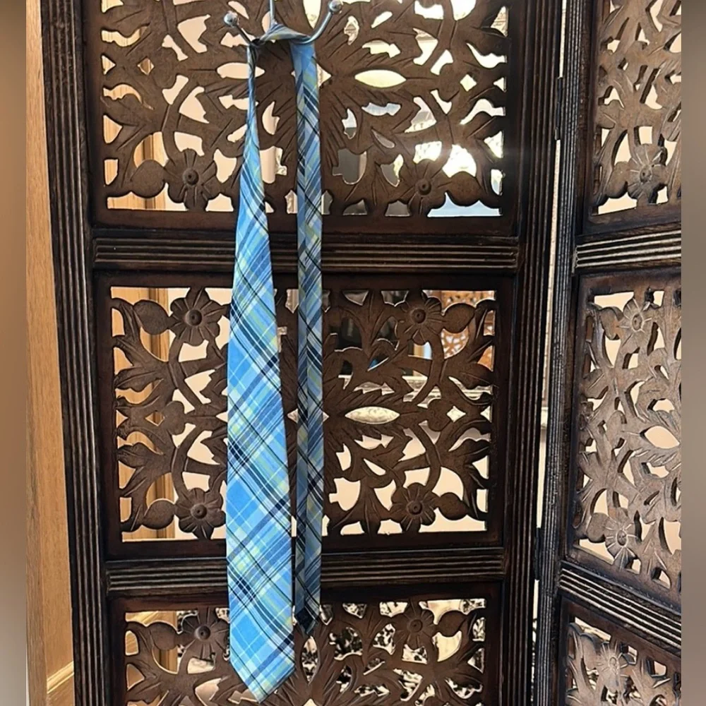 J. Khaki Blue / Yellow / White Plaid Necktie / Tie.